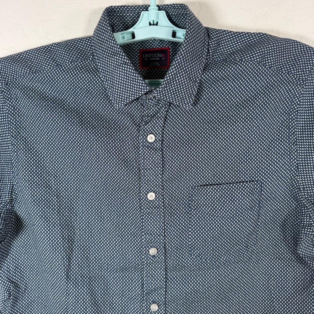 Untuckit Shirt Mens Medium Navy Blue Linen Short Sleeve Cadalso Button Up Casual
